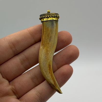Antique Style Horn Tooth Like Pendant Brass Wire Wrap Cap Tribal Protection