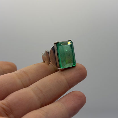 Vintage Silver Emerald Cut Green Gem Ring Tiered Geometric Design