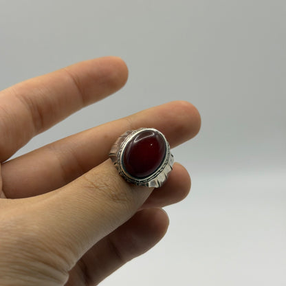 Vintage Silver Oval Red Carnelian Agate Solitaire Ring Fluted Band