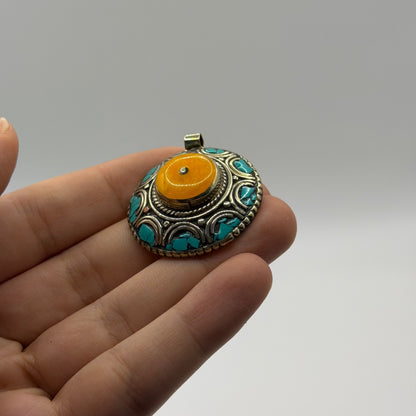 Vintage Tibetan Tribal Round Mandala Pendant Faux Amber Turquoise Mosaic