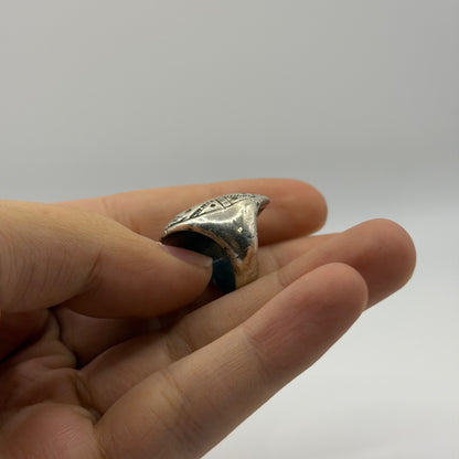 Vintage Silver Oval Stone Cabochon Ring Engraved Tribal Geometry Design