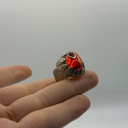 Vintage Silver Red Gemstone Ring Unique Floral Petal Claw Setting Statement