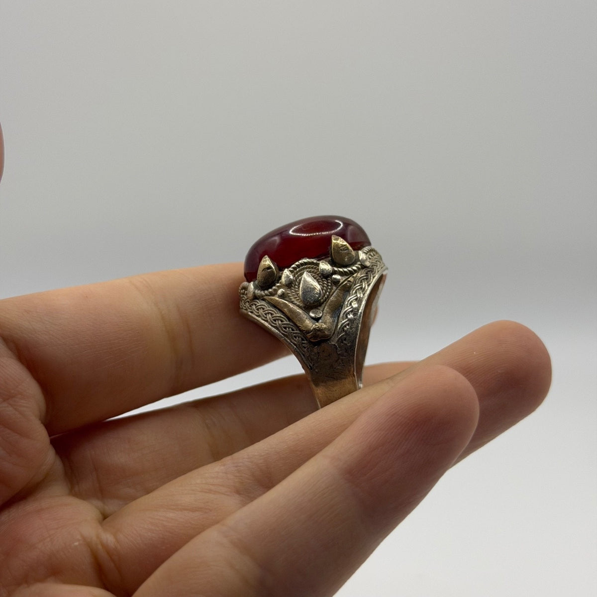 Vintage Silver Filigree Statement Ring with Red Carnelian Cabochon
