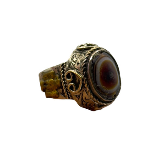 Silver Filigree Ring with Round Banded Agate Cabochon