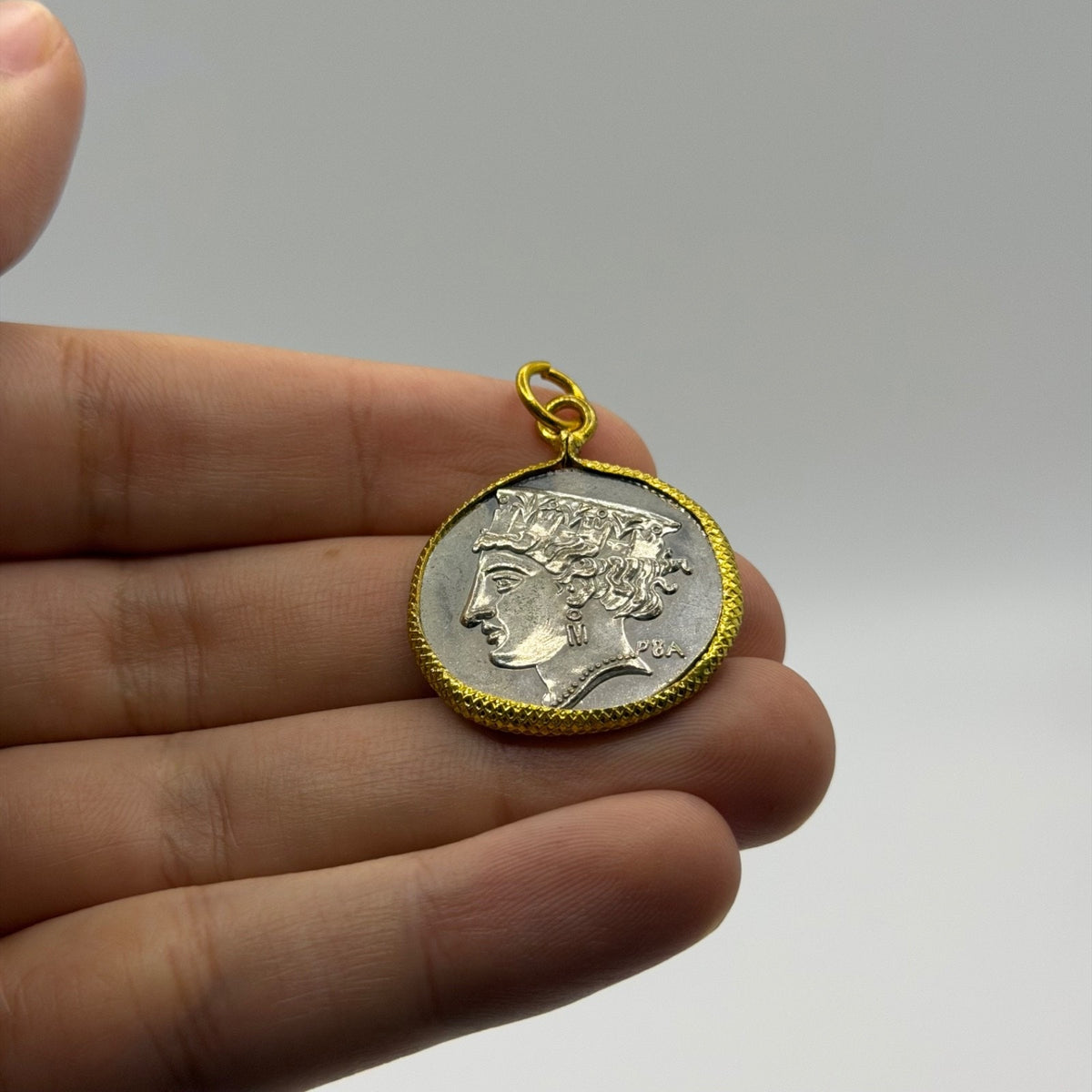 Ancient Roman Greek Style Silver & Gold Tone Coin Pendant