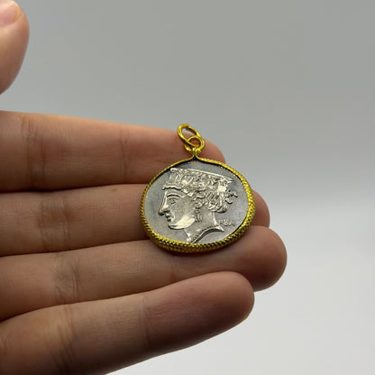 Ancient Roman Greek Style Silver & Gold Tone Coin Pendant