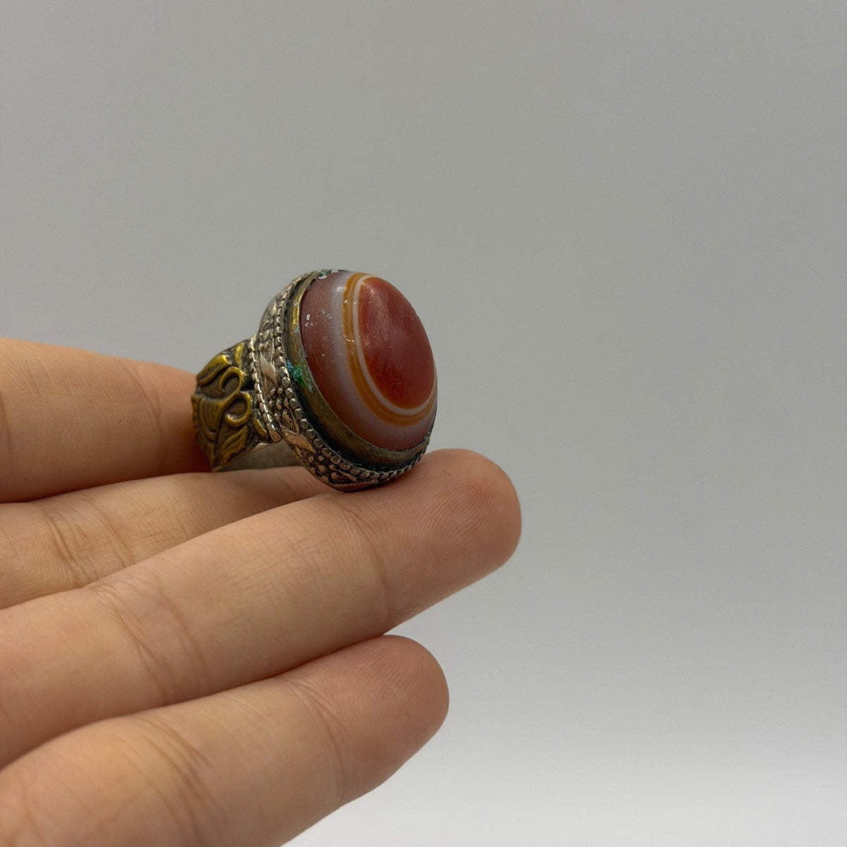 Antique Style Silver Ring with Concentric Banded Carnelian Agate Gemstone