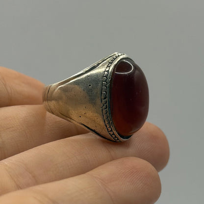 Classic Silver Solitaire Ring with Oval Red Carnelian and Beaded Bezel
