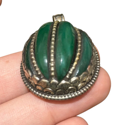 Vintage Green Stone Pendant Silver Tone Handmade Ethnic Jewelry