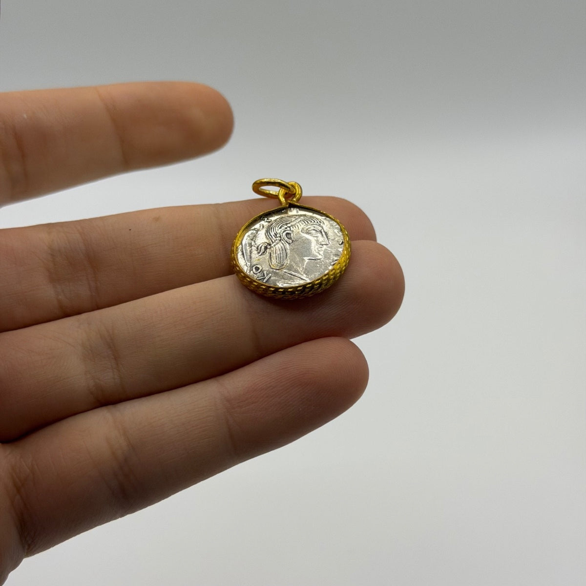 Ancient Roman Inspired goddess Vesta Ancient Coin Gold Plated Frame Pendant