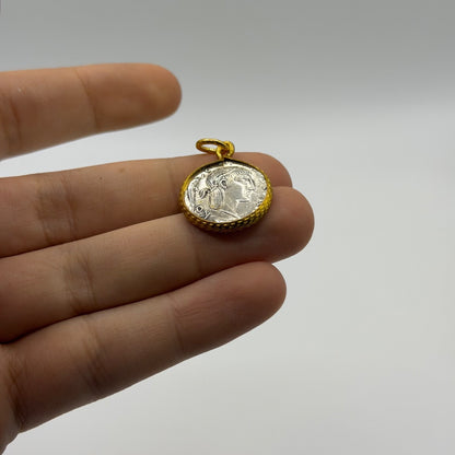 Ancient Roman Inspired goddess Vesta Ancient Coin Gold Plated Frame Pendant