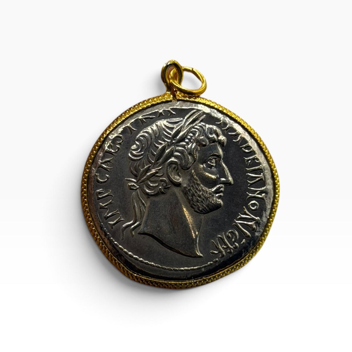 Ancient Roman Coin Style Pendant Emperor Profile Gold Tone Bezel Charm