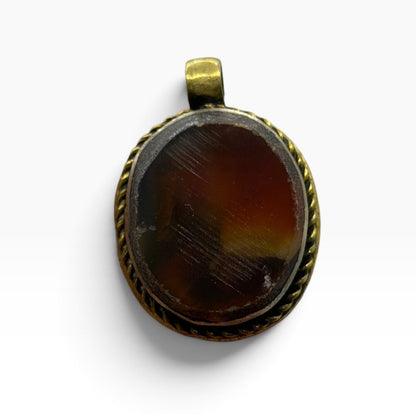 Vintage Brass Framed Oval Carnelian Agate Gemstone Pendant Charm