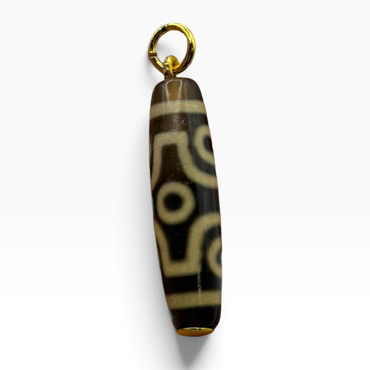 Vintage Tibetan Dzi Eye Agate Bead Tube Pendant Gold Tone Charm
