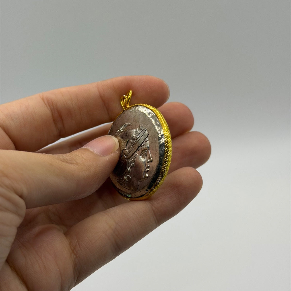 Ancient Roman Greek Warrior Style Coin Pendant Gold Tone Frame Medallion Charm