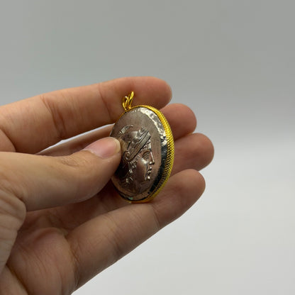 Ancient Roman Greek Warrior Style Coin Pendant Gold Tone Frame Medallion Charm