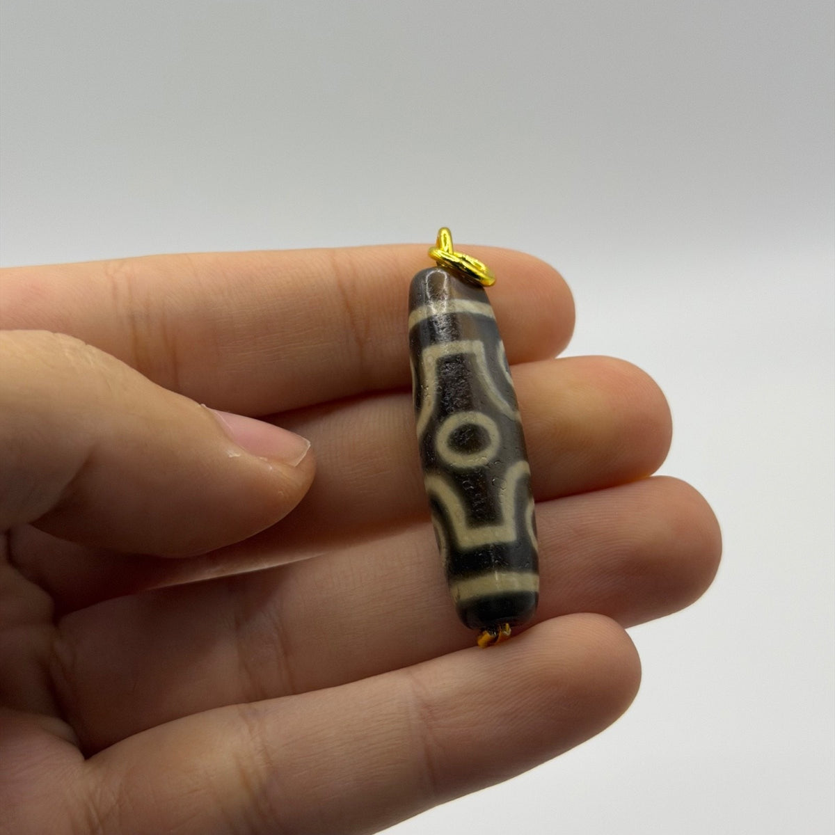 Vintage Tibetan Dzi Eye Agate Bead Tube Pendant Gold Tone Charm