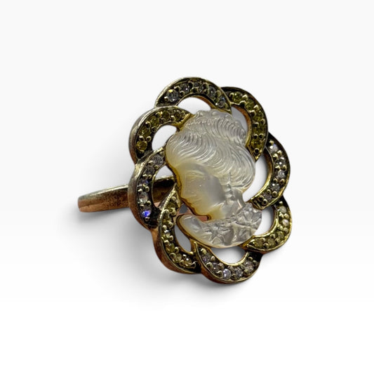 Vintage Silver Gold Plated Shell Cameo Ring Carved Portrait Rhinestone Frame⁠