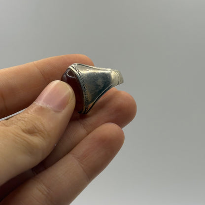 Classic Silver Solitaire Ring with Oval Red Carnelian and Beaded Bezel