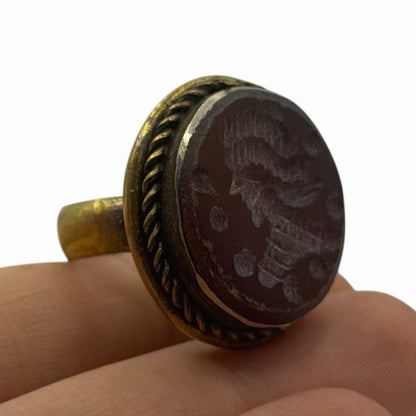 Ancient Roman Style Emperor Sitting Intaglio Brass Ring