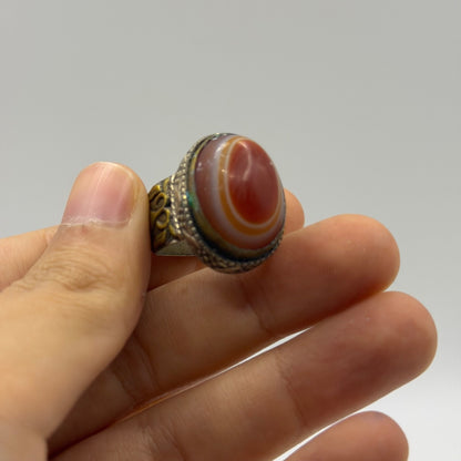 Antique Style Silver Ring with Concentric Banded Carnelian Agate Gemstone