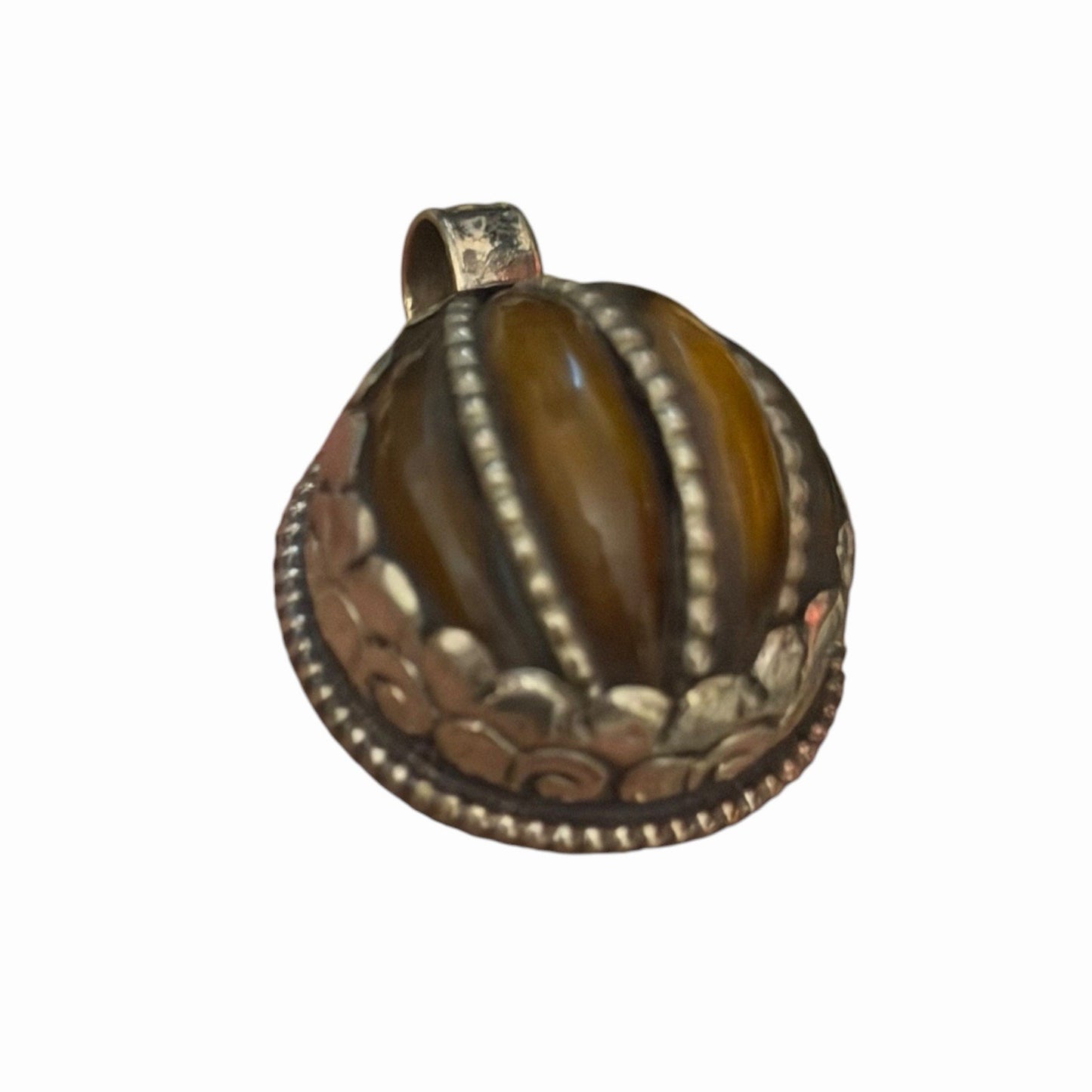 Vintage Nepalese Jade Stone Pumpkin Style Silver Tone Pendant