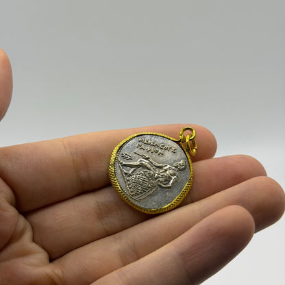 Ancient Roman Greek Style Silver & Gold Tone Coin Pendant