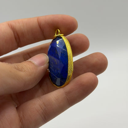 Natural Afghan Lapis Lazuli Faceted Oval Pendant Gold Tone Gemstone Charm