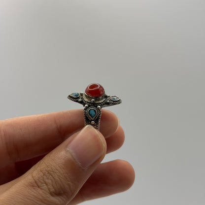 Silver Carnelian Turquoise Multi Stone Tribal Ethnic Marquise Statement Ring