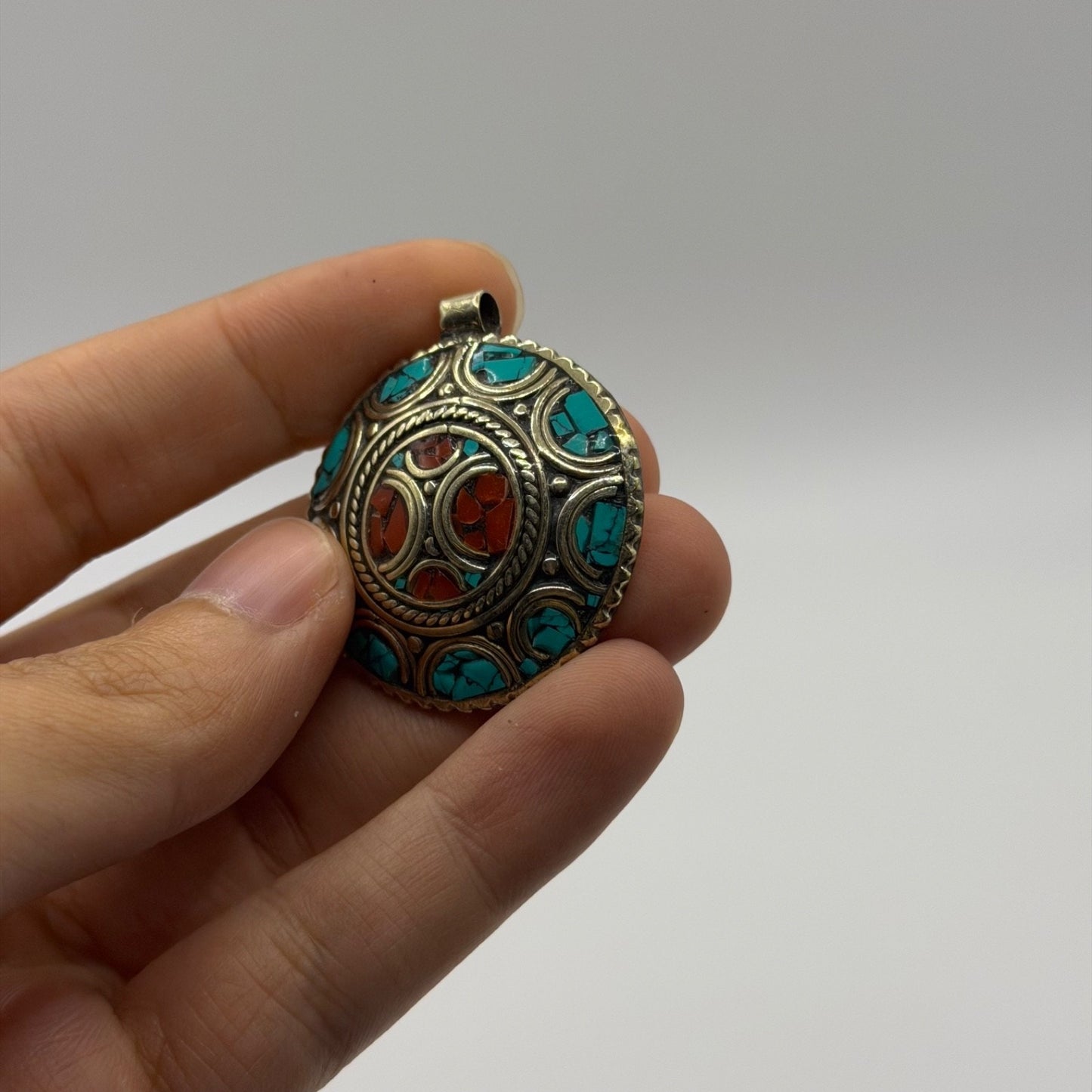 Handmade Tibetan Nepalese Stone Inlaid Brass Pendant