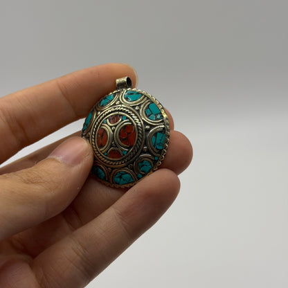 Handmade Tibetan Nepalese Stone Inlaid Brass Pendant
