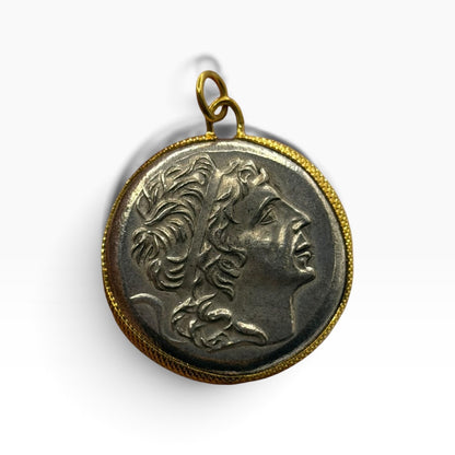 Ancient Roman Greek Inspired Silver Plated Gold Gilded Coin Pendant