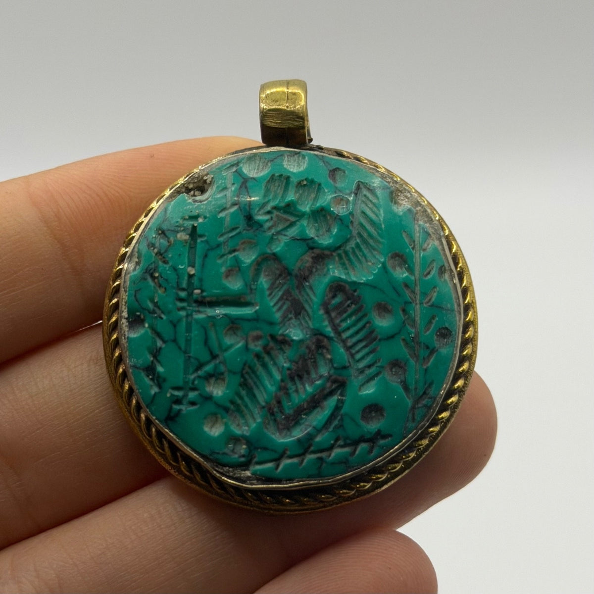 Ancient Near Eastern Style Hand Carved Intaglio Brass Pendant