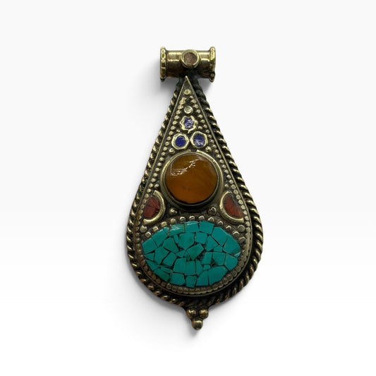 Vintage Tibetan Teardrop Pendant –Mosaic Turquoise Amber Coral Inlay Brass Frame