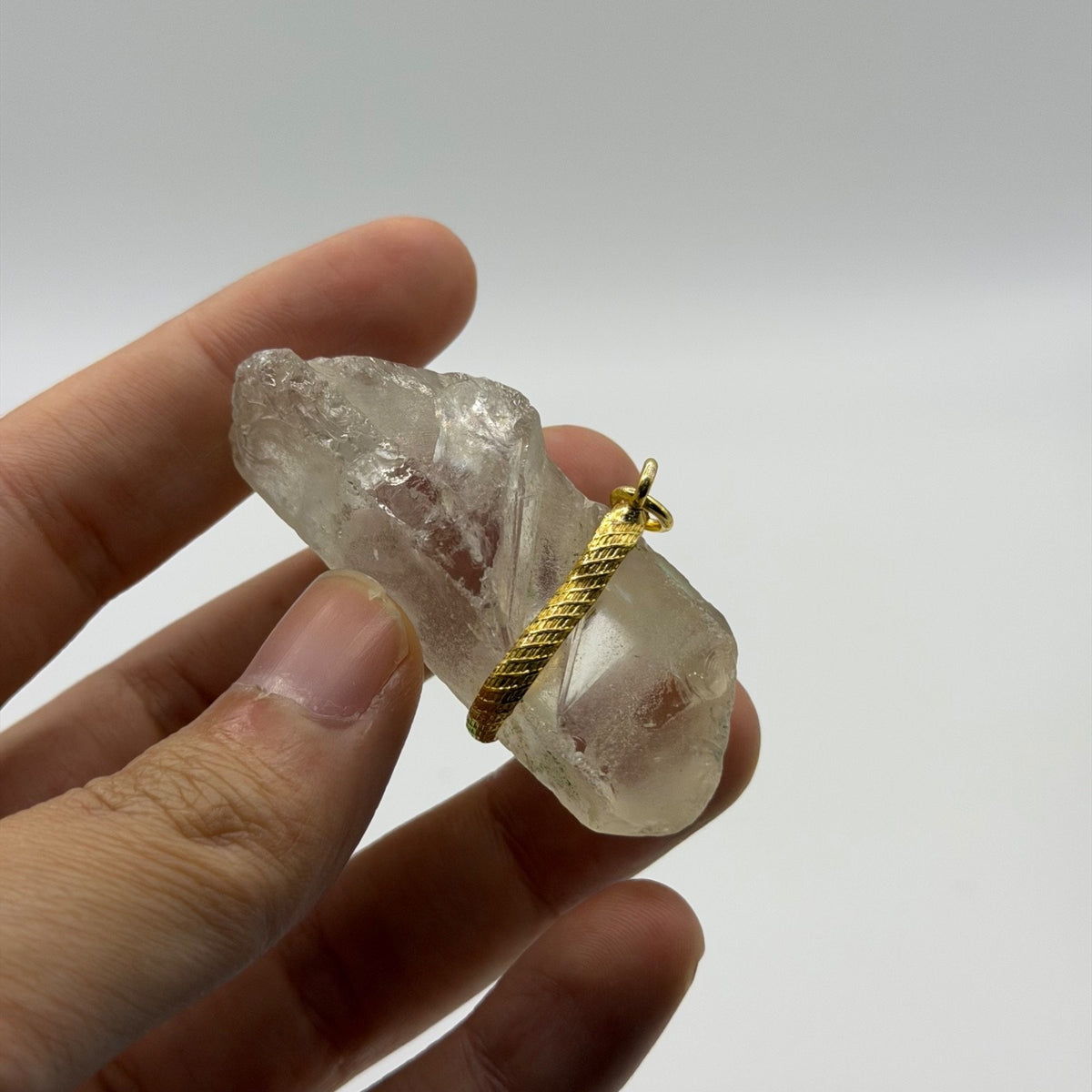Raw Quartz Crystal Point Pendant Gold Tone Wire Wrap Natural Gemstone Charm⁠