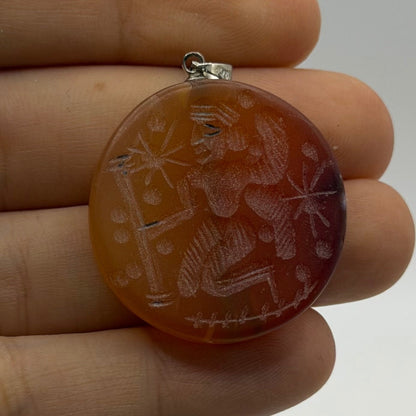 Etched Natural Carnelian Agate Gemstone Round Intaglio Figural Pendant Charm
