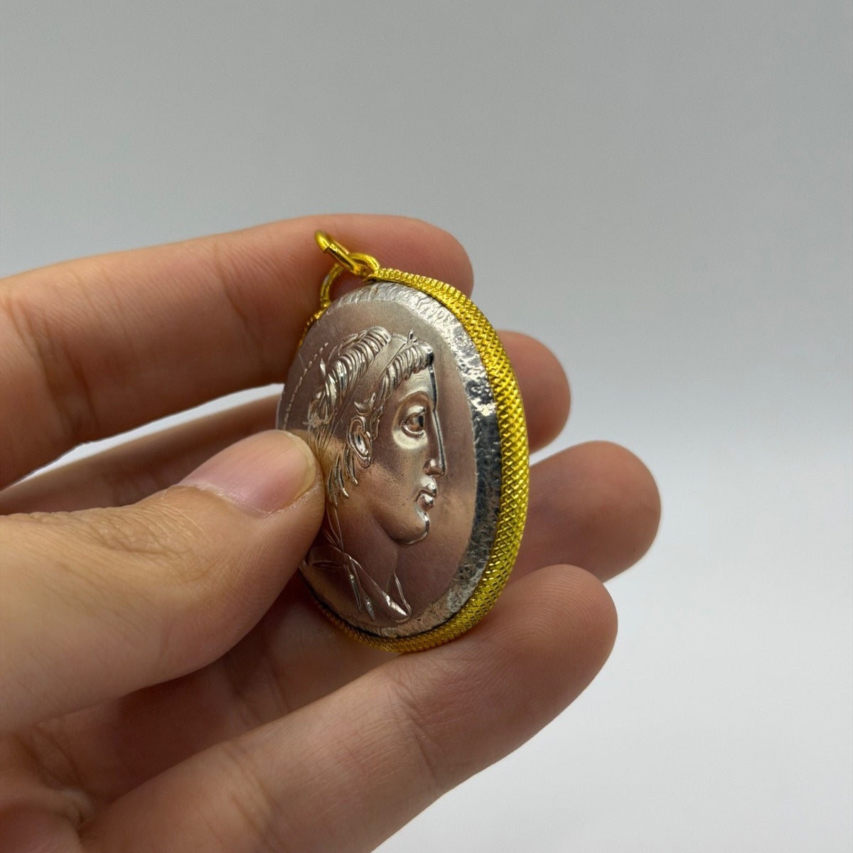 Ancient Roman Greek Style Silver & Gold Tone Coin Pendant