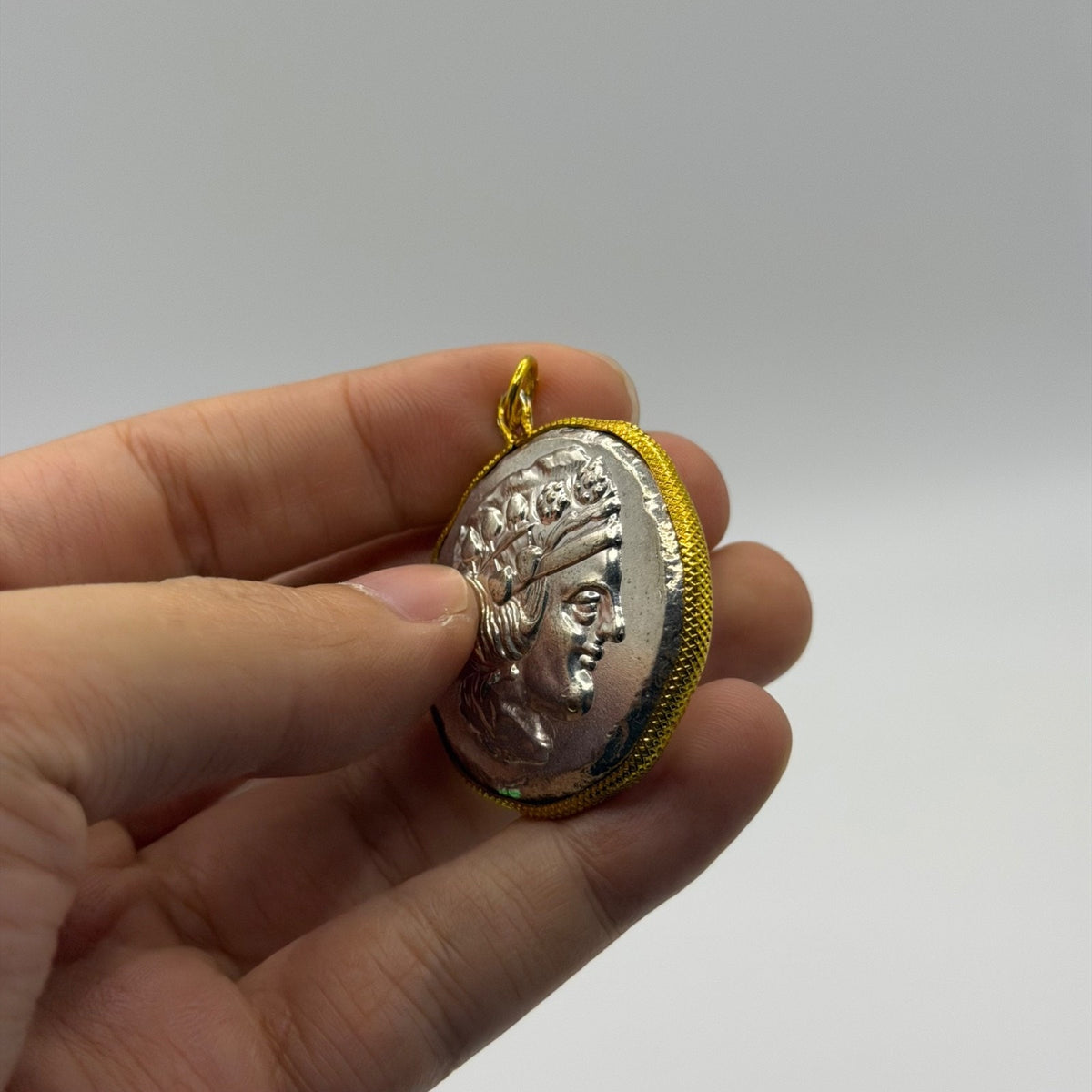 Ancient Greek Roman Inspired Silver Plated Gold Gilded Coin Pendant