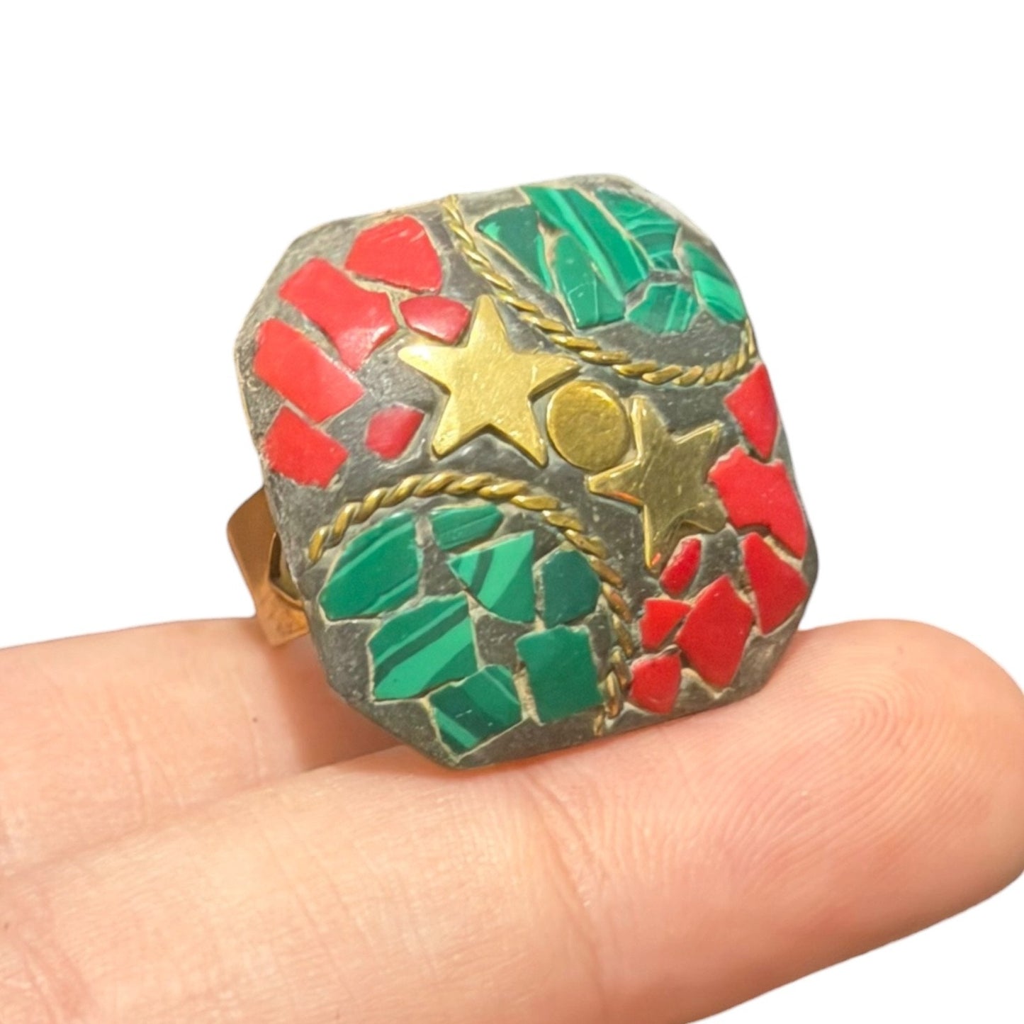 Gorgeous Tribal Nepalese Multi Stone Brass Ring