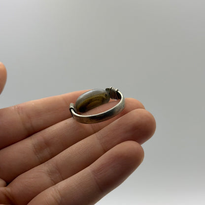 Eyed Dzi Agate Banded Bead Silver Wire Wrapped Ring