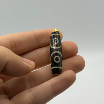 Vintage Tibetan Dzi Eye Agate Bead Tube Pendant Gold Tone Charm