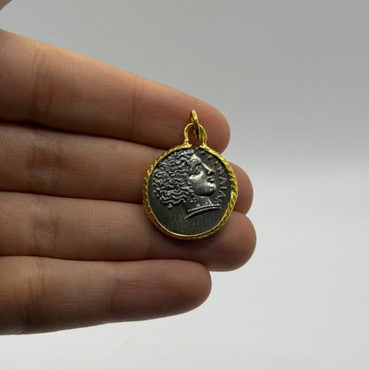 Ancient Roman Greek Style Silver & Gold Tone Coin Pendant