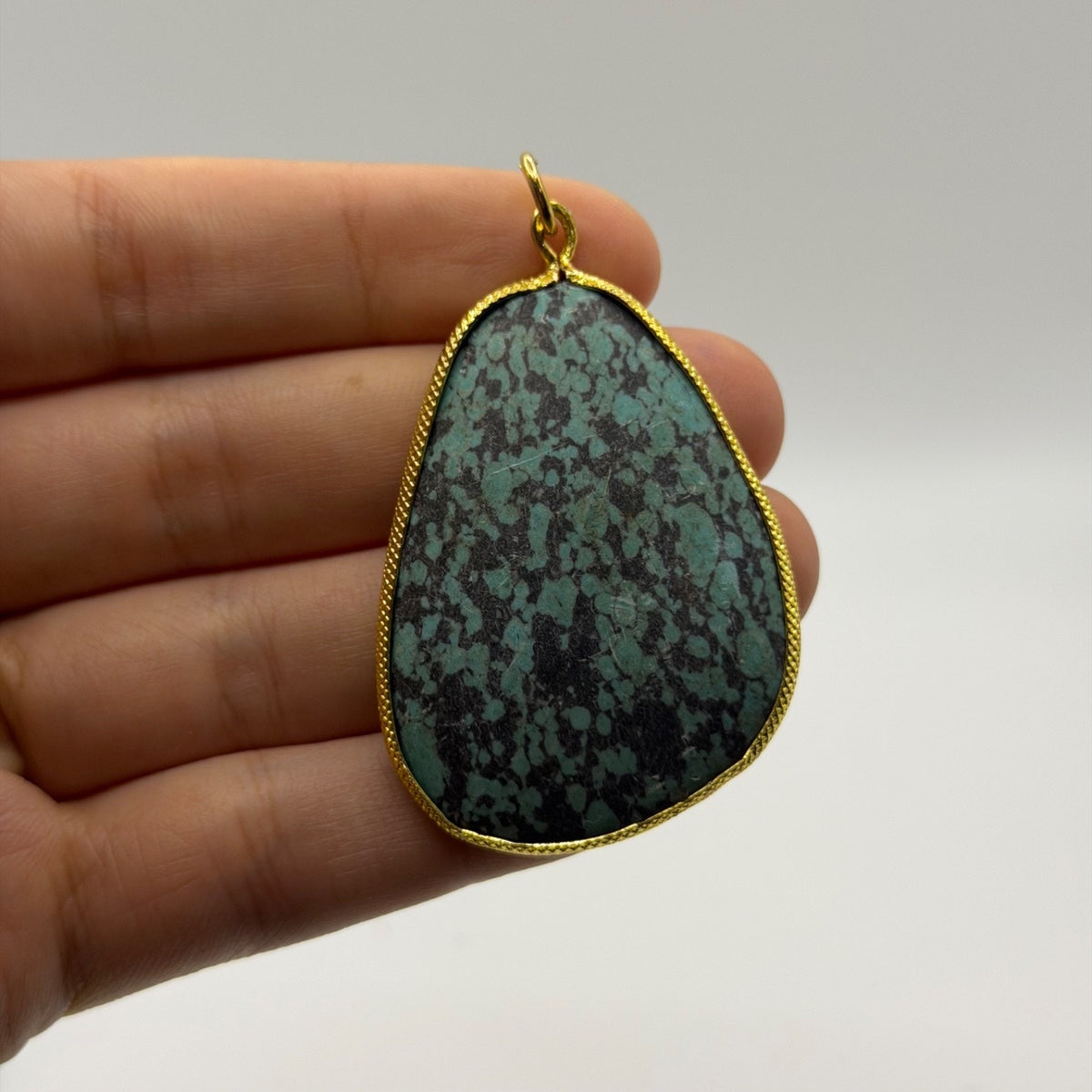 Natural Green Turquoise Jasper Matrix Gemstone Gold Tone Freeform Pendant