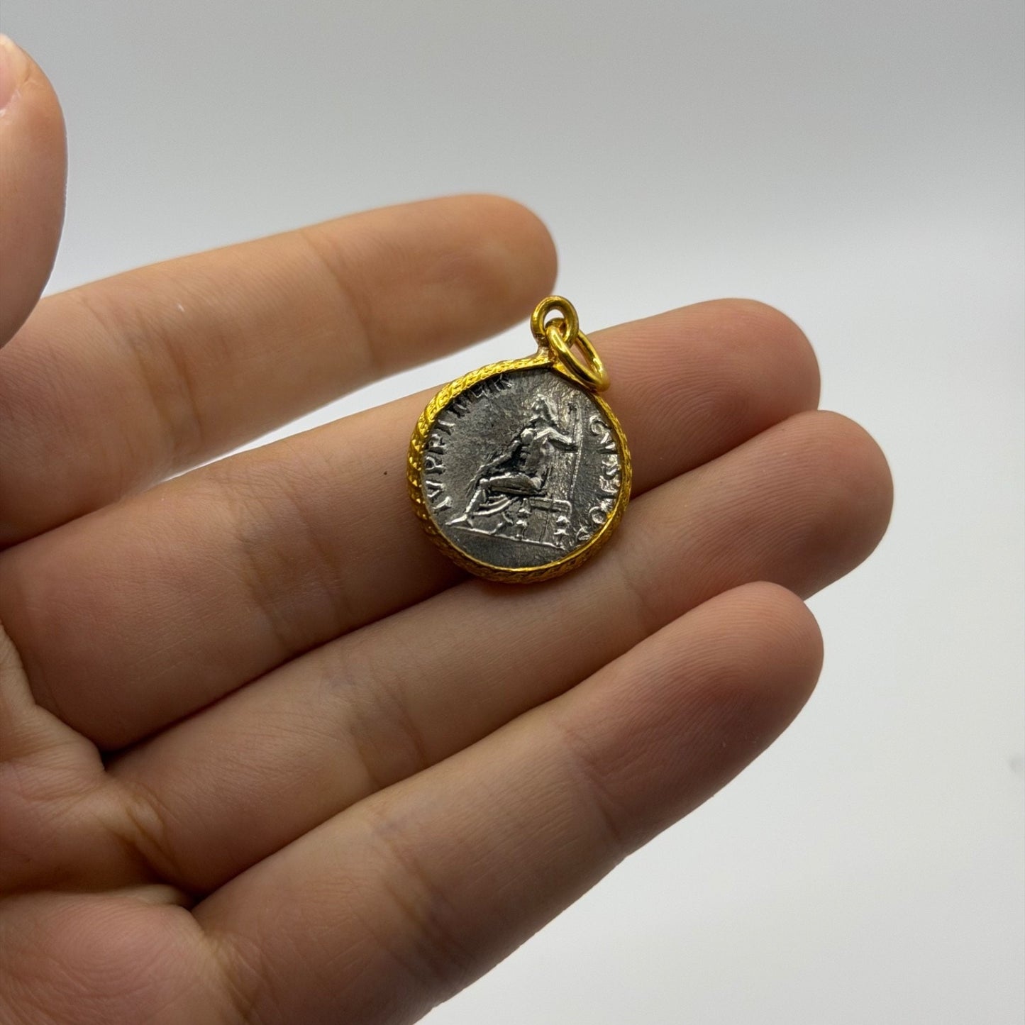 Ancient Roman Inspired goddess Vesta Ancient Coin Gold Plated Frame Pendant