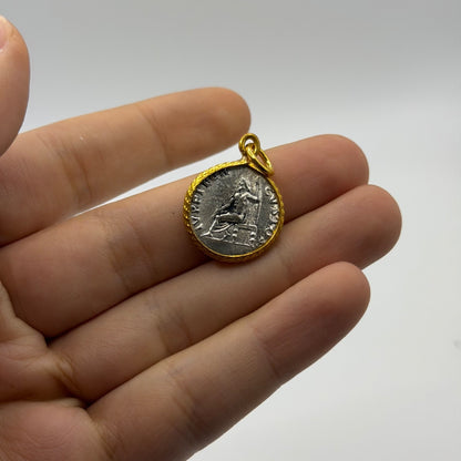 Ancient Roman Inspired goddess Vesta Ancient Coin Gold Plated Frame Pendant