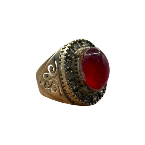 Vintage Silver Ring Red Glass Stone Cutout Design Ornate