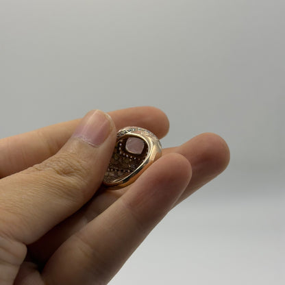 Antique Style Gold-Tone Enamel Ring w/ Rose Quartz & Pave Crystal Accents
