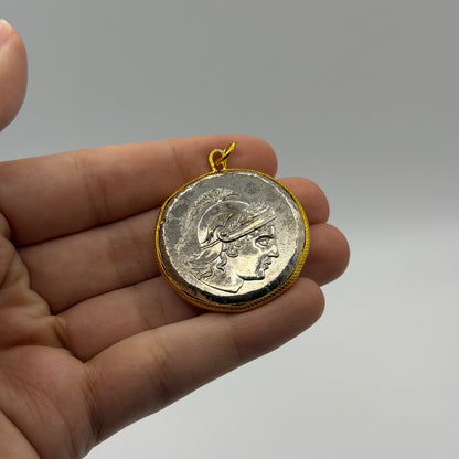 Ancient Roman Greek Warrior Style Coin Pendant Gold Tone Frame Medallion Charm