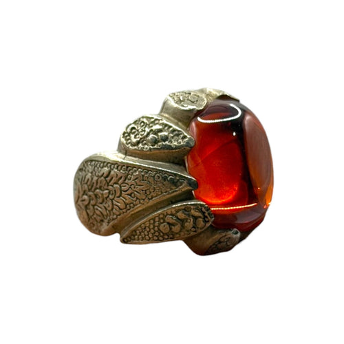 Vintage Silver Red Gemstone Ring Unique Floral Petal Claw Setting Statement