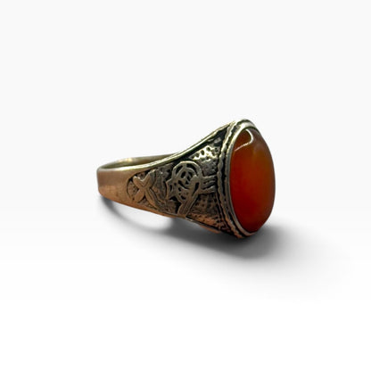Silver Carnelian Agate Oval Gemstone Carved Scroll Band Solitaire Ring